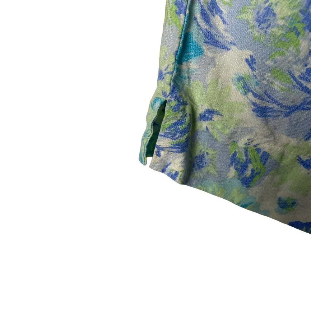 J. Jill Women 100%‎ Linen Green Blue Floral Cropped Pockets Pants Sz Large